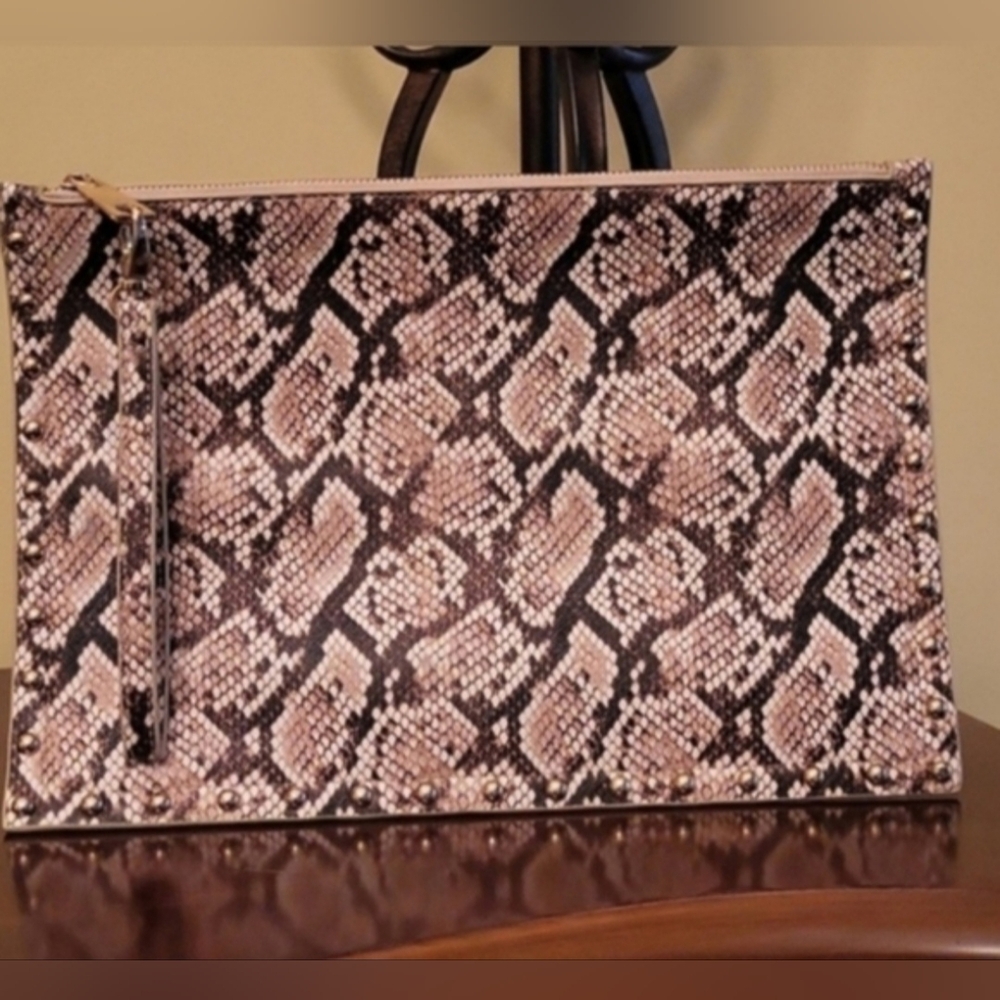 White House Black Market Snake-Print Clutch in Beige and Black